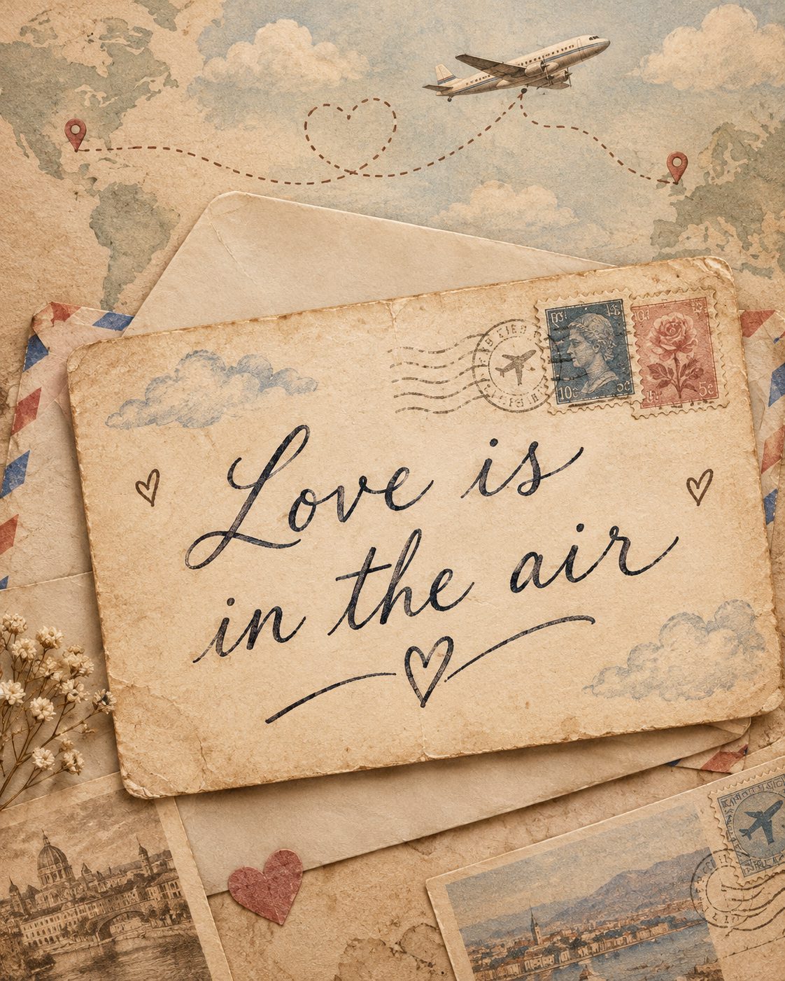 A vintage postcard reading Love is in the air, on airmail envelopes under a map with a plane tracing a heart