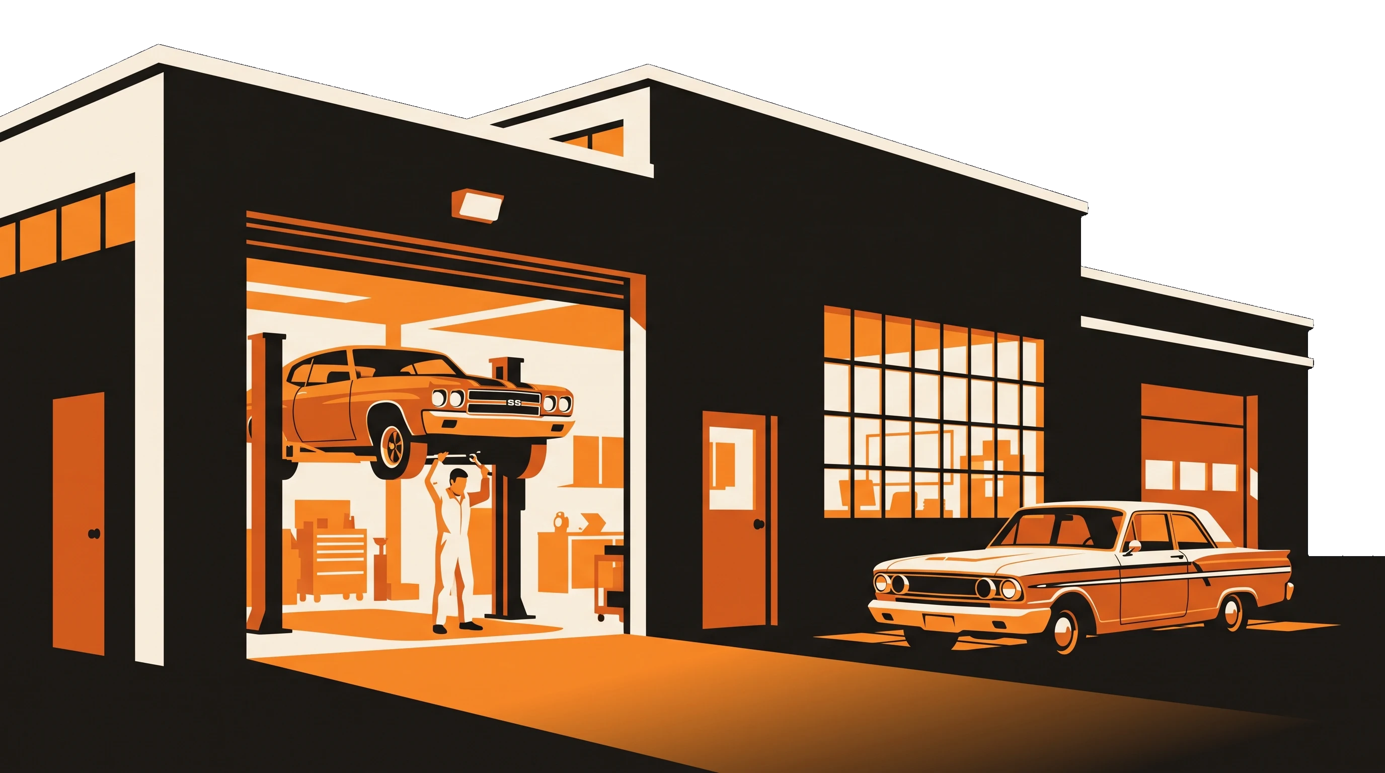 Night screen-print illustration of the United Revival garage, mechanic working under a car on the lift